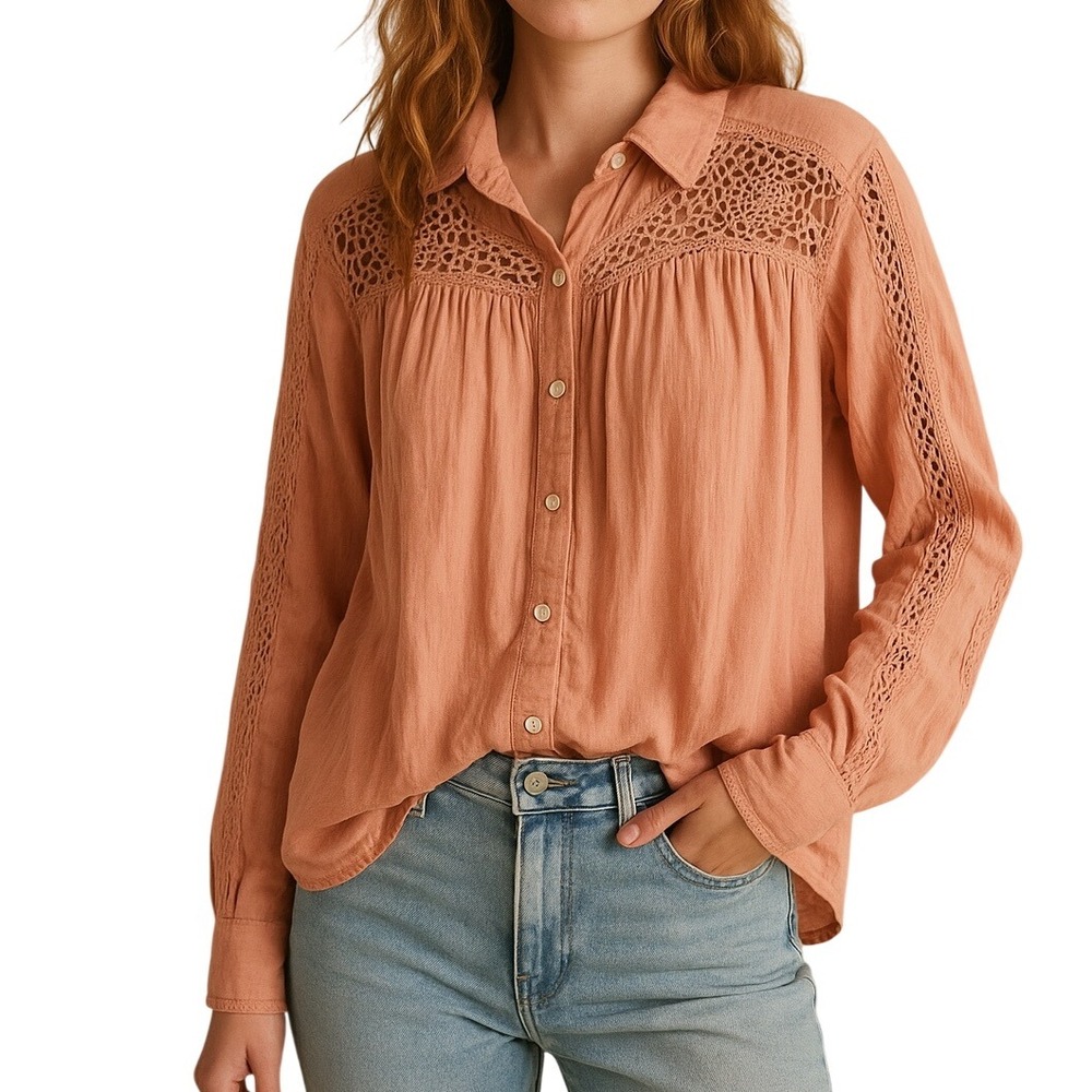 Free People Voile & Lace Hooded‎ Button Down Top Blouse Shirt Boho Bohemian pink